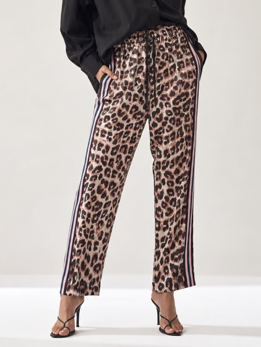 MOTHER Leopard Track Joggers with Pink and Brown Side Stripes